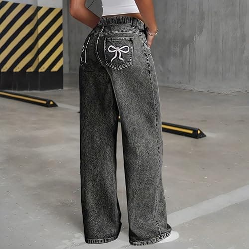 Girls High Wasited Jeans Wide Leg Straight Y2K Solid Baggy Denim Pants Cute Loose Fit Denim Trousers thumbnail 3