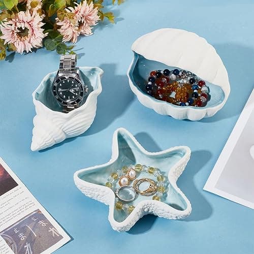 NBEADS Conch Shape Ceramic Jewelry Tray, Aqua Shell Trinket Dish Ceramic Ring Earring Holder Ocean-themed Decorative Trinket Plate for Rings Earrings Necklaces Bracelet Jewelry Watch Keys thumbnail 4
