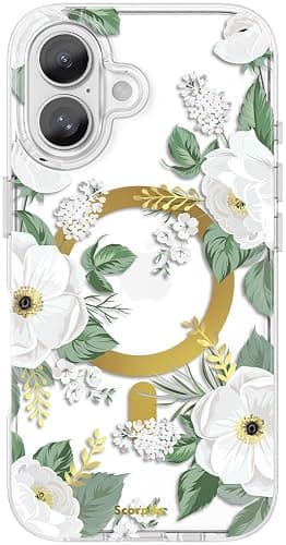 SCORPIFY for iPhone 16 Case [Compatible with MagSafe] with White Rose Floral Design, Cute Clear Flower Magnetic Phone Cover for Women Girls, [Non Yellowing] Slim Bumper with Gold Accents - Image 1
