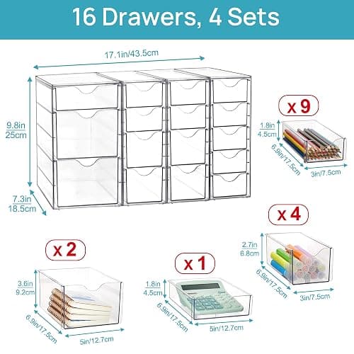 Vtopmart 4 Set Acrylic Desk Organizer with 16 Drawers for Office, Makeup | Clear Storage Drawers for Office Supplies, Desktop Organization for Makeup, Jewelry, Art Crafts, Bead, Pen, Stationary thumbnail 2