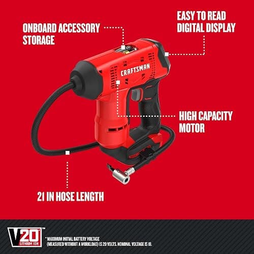CRAFTSMAN V20 Air Compressor Portable, Cordless Tire Inflator, Up To 150 PSI Tire Pump, with Digital Pressure Gauge, Tool Only (CMCE521B) thumbnail 3