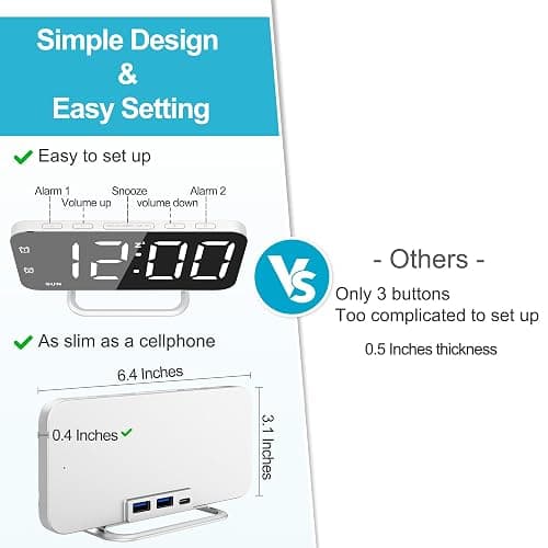 Slim LED Digital Alarm Clock, Mirror Surface for Makeup, with Diming, Large Display, Easy Setting, USB Ports, Modern Decor for Bedroom, Desk, Christmas, Birthday Gift for Women, Daughter, Girl, White - White thumbnail 7