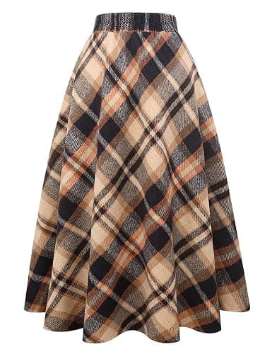 IDEALSANXUN Womens Plaid Wool Skirts Elastic Waist A-Line Pleated Tartan Long Skirts thumbnail 2