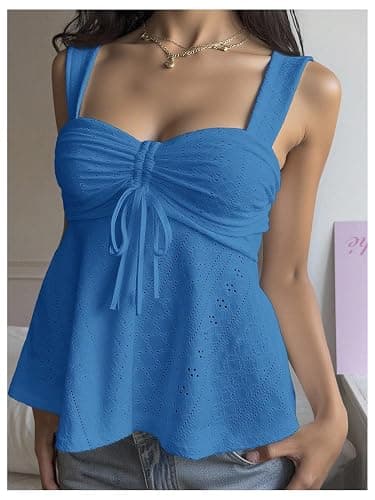 Milumia Women's Eyelet Tie Front Ruched Tank Tops Y2k Drawstring Sexy Going Out Top thumbnail 5