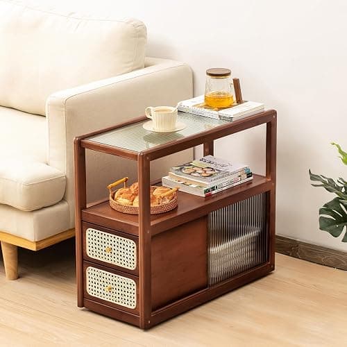 Tiita Rattan Nightstand Side Table, Bamboo Accent Bedside Tables, Glass Coffee Tables, Boho Wooden End Table with Storage for Small Space, Living Room and Bedroom - Image 1