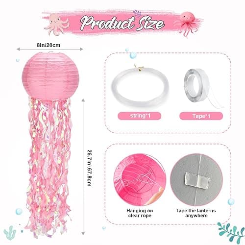 8pack Pink Jellyfish Party Decorations,Jellyfish Lantern Hanging，with Tape and String,Mermaid Birthday Decorations for Birthday,Mermaid,Baby Shark,Ocean Themed Party Supplies thumbnail 2