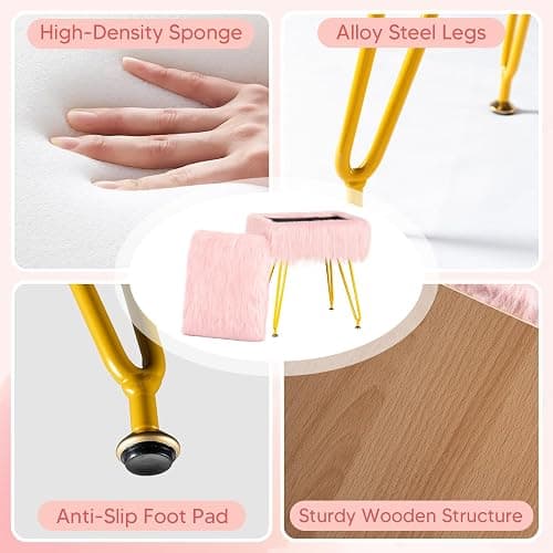 MOOWIND Vanity Stool Chair with Storage, Soft Ottoman Seat Vanity Stool with Anti-Slip Feet, Fluffy Padded Seat Multifunctional Footrest Side Table with 4 Metal Legs for Makeup, Bedroom, Pink thumbnail 5