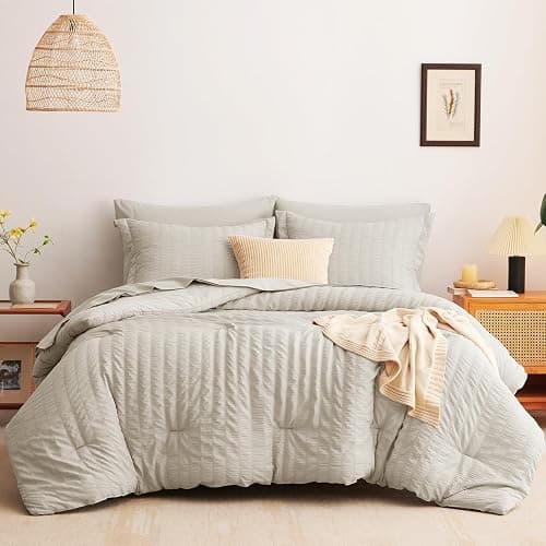CozyLux Queen Comforter Set Beige Seersucker 7 Pieces Bed in a Bag Queen Comforter Set with Sheets, Luxury Soft Bedding Set with Down Alternative Comforter, Sheets, Pillowcases & Shams for All Seasons thumbnail 8
