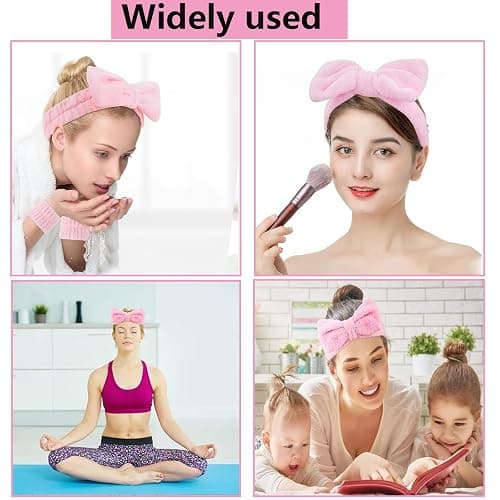 3 PCS Spa Headband and Wristband Set,Face Wash Headband Wrist Band,Makeup Skincare Headband Wrist Bands,Bowknot Elastic Strap for Makeup,for face wash,make-up,shower,massage,etc (Pink) thumbnail 5