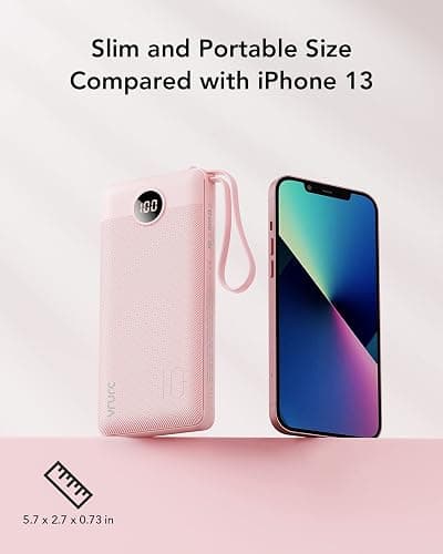 VRURC Portable Charger 10000mAh, Slim Power Bank for iPhone, Battery Pack with LED Display, 5 Output 2 Input, Built-in USB C Cables Phone Charger Compatible with iPhone,Samsung,Android etc-Pink thumbnail 5