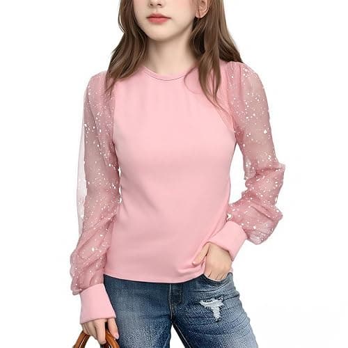 Girls Tulle Long Sleeve Shirt Summer Cute Sequins Slim Tops Blouse Teen Kids School Crew Neck Dress Tshirts Clothes - Image 1
