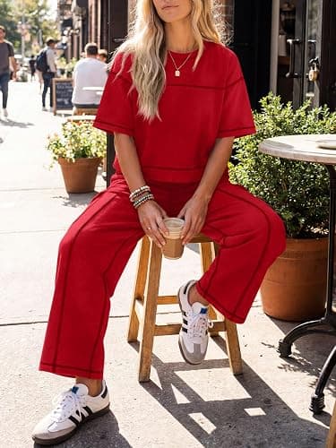 Fisoew Womens 2 Piece Outfits Lounge Sets Short Sleeve Tops and Wide Leg Pants Travel Vacation Casual Matching Sets thumbnail 4