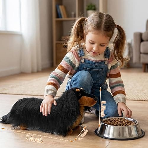 Dachshund Stuffed Dog Animal Plush Toy 17" Standing Black Tan Wiener Realistic Long Haired with Fluffy Curly Fur Lifelike Sausage Doxie Puppy Gifts for Kids Decor Dog Lover Non-Vacuumed Gift Ready thumbnail 8