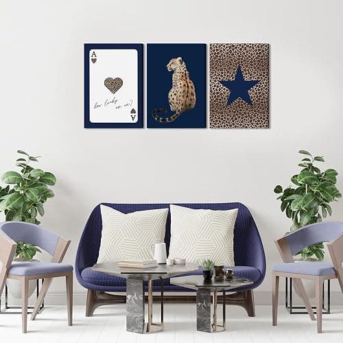 KLXCAJAM 3Pcs Navy Leopard Canvas Wall Art Cheetah Vintage Prints Wall Decor Navy Blue Star Painting Pictures Lucky Trendy Artwork for Gallery Preppy Luxury Home Decoration 12x16in thumbnail 3