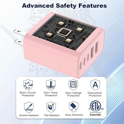 USB C Charger Block, 60W 5 in 1 Charging Blocks, PD 3.0 Fast Charger, QC 2A Pink Wall Plug Multiport Type C Charging Block for iPhone 17 16 15 14 13 12 Pro Max, iPad, iPod, Samsung, AirPods Pro thumbnail 3