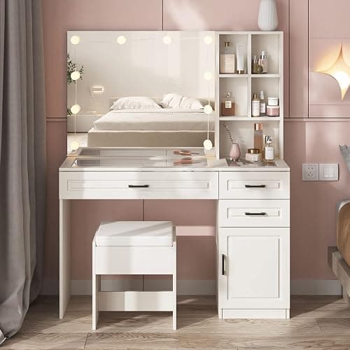 Fameill White Vanity Desk with Mirror and Lights,Glass Top Vanity Table with 3 Drawers and Cabinets,Large HD Mirror Makeup Desk,3 Lighting Modes, Brightness Adjustable,45 in(L) thumbnail 4
