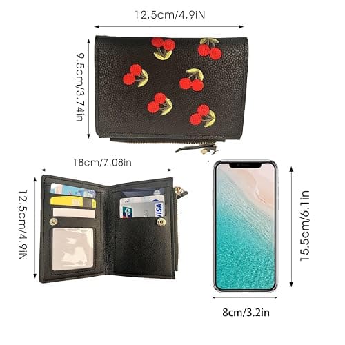 Aoaoss Small Wallet Women I Cherry Wallet I Women'sCute Embroidered Short Wallet I Women and Girls Daily Life Fashionable Versatile Pu Leather Zipper Wallet I Cherry Print Ladies Mini Purse (Black) thumbnail 2