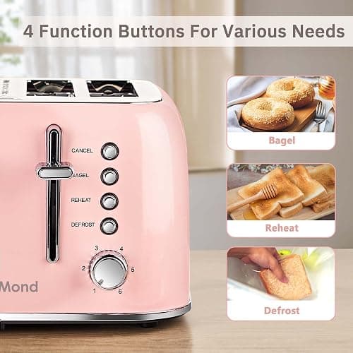 Roter Mond Toaster 4 Slice Retro Stainless Steel with Extra Wide Slots Bagel, Defrost, Reheat Function, Dual Independent Control Panel, Removable Crumb Tray, 6 Browning Levels, Pink thumbnail 5
