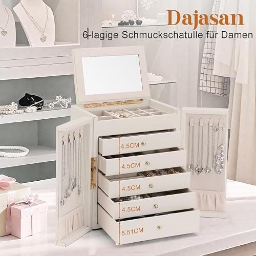 Dajasan Boite a Bijoux Femme, Grande Boite à Bijoux avec 5 Tiroirs, Boîte à Bijoux avec Double Ouverture pour Coiffeuse, Cuir Grain Vertical, Idée Cadeau pour Femme, Fille (Beige) thumbnail 7