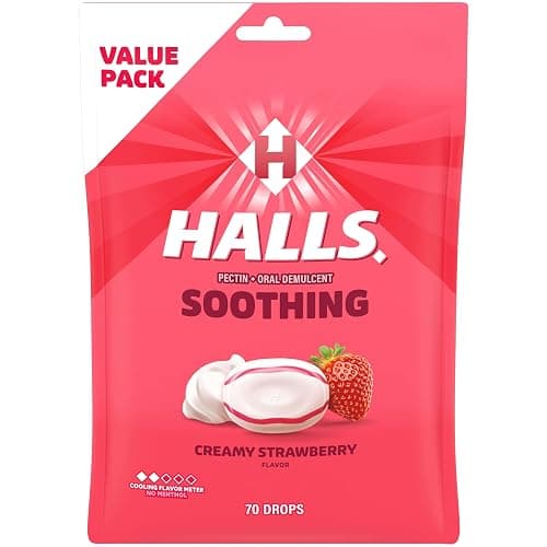 HALLS Throat Soothing Creamy Strawberry Throat Drops, 70 Drops - Image 1