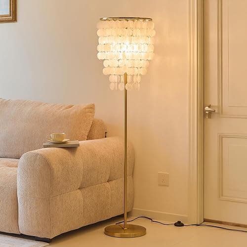 Monikessy Capiz Shell Floor Lamp Elegant Modern Floor Lamp with Gold Finish | 57" Coastal Seashell Standing Lamp, Plug In, Foot Pedal Switch, 3 Color Tempareture, Easy Assembly - Image 1