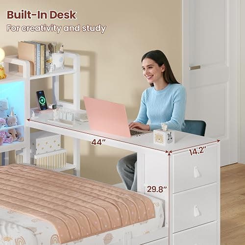 ADORNEVE Twin Corner Bed Frame with 7 Drawers, Desk & Bookcase Storage, Metal Platform Daybed with Charging Station and RGB Lights, for Kids Bedroom, No Box Spring Needed, White thumbnail 2