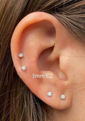 Renkovte Flat Back Screw Back CZ Stud Earrings, Small Cubic Zirconia Stud Earrings for Helix Cartilage Tragus Earlobe Piercing for Women (2mm 3mm 4mm Gold Color) thumbnail 3