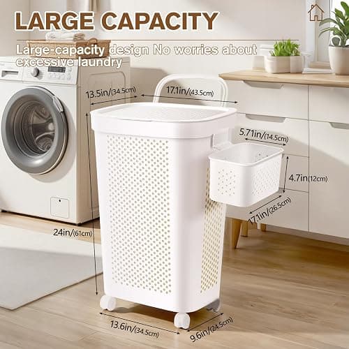 Ultra Wheeled Laundry Hamper with Lid, Suspended basket，Handle and Wheels for Easy Rolling of Clothes to and from The Laundry Room, Plastic（White） thumbnail 2