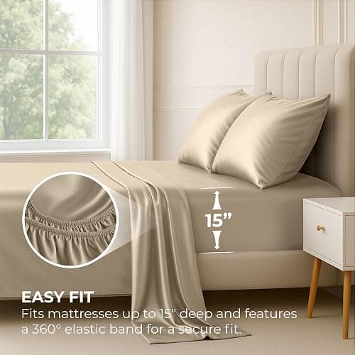 Satin Sheets Queen [4-Piece, Champagne Gold] Hotel Luxury Silky Bed Sheets - Extra Soft 1800 Microfiber Sheet Set, Wrinkle, Fade, Stain Resistant - Deep Pocket Fitted Sheet, Flat Sheet, Pillow Cases thumbnail 3