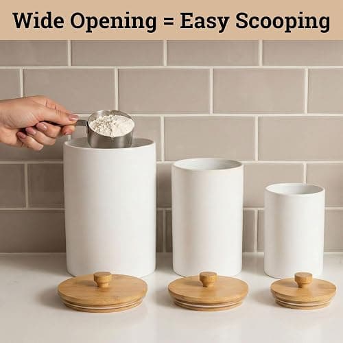 Ceramic Kitchen Canisters for Countertop Set of 3 with Airtight Bamboo Lids - White Kitchen Canisters with Airtight Lids - Flour Sugar Canister Set - Flour and Sugar Containers Farmhouse - Coffee Jar thumbnail 5