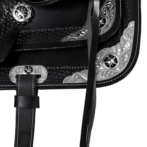 Barrel Brown Western Horse Trail Saddle Set Leather Horse Saddle with Headstall, Breast Collar Combo Rodeo Cowboy Riding Equestrian Comfortable Ride Black Saddle Tack Set thumbnail 4