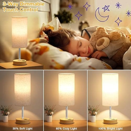 Dicoool Bedside Table Lamp for Bedroom - 3-Way Dimmable Touch Lamp, USB A+C | LED Bulb Included, 14" Small Nightstand Lamp for Desk, Living Room, Guest Room, Cream Fabric Lampshade, Wood-Grain Metal Base thumbnail 3