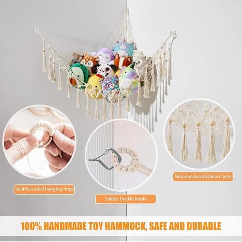 Jouet Hamac pour Animaux en Peluche Jouet Ours Filet Coin Suspendu Support De Rangement pour Chambre Enfant, Fermeture éclair, Blanc thumbnail 7