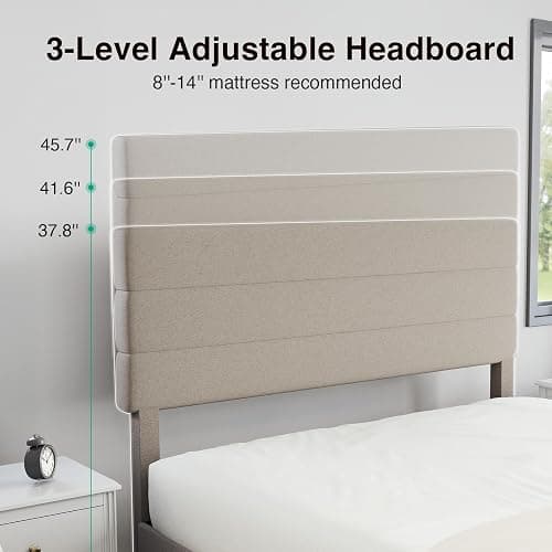 Novilla Full Size Bed Frame with Headboard, Full Bed Frame with Wooden Slats Support, Linen Upholstered Stripe Headboard, No Box Spring Needed, Heavy Duty Feet, Easy Assembly, Beige thumbnail 4