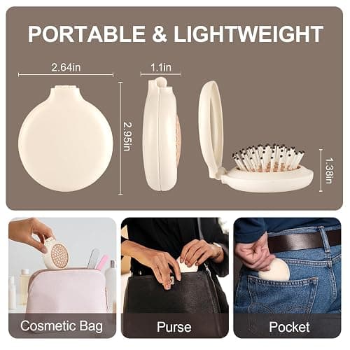 Jurrissa Folding Hair Brush with Mirror for Women Men and Kids，Portable Compact Hair Brush for Purse Pocket Bags, Travel Size Foldable brush with Case, Easy to Carry(Beige) thumbnail 2