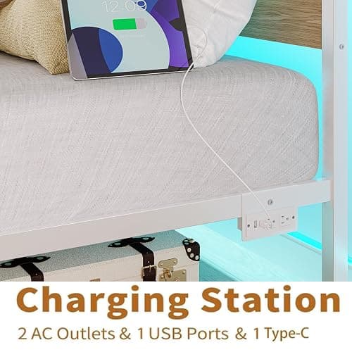 PUNICE Full Size Bed Frame with Charging Station, LED Light Metal Bed Frame with Wooden Headboard, No Box Spring Required, No Noise, Easy Assembly, White thumbnail 6
