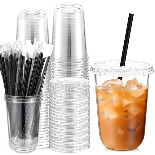 Ziliny 50 Set Clear Plastic Cups with Lids and Straws, PET Disposable Iced Coffee Cups for Drinking Cold Beverage Juice Parfait Smoothie Milkshake Shop Party Supplies (Clear Cup,Black Straw,16 oz) - Image 1