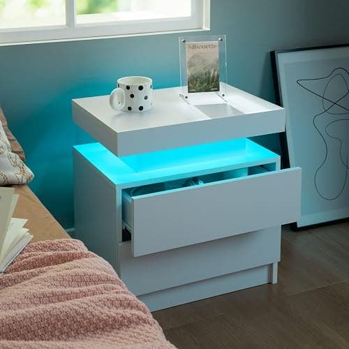 i-aplus White Nightstand set of 2,LED Nightstand with 2 Drawers,Modern Bedside Table with LED Light,End Side Table for Bedroom,White thumbnail 6