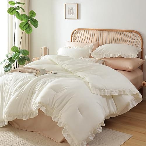 JANZAA Full Comforter Set Creamy White Ruffle Comforter with 2 Pillowcase Soft Full Size Bed Set Vintage Farmhouse Bed Comforter Set Fluffy Shabby Chic Bedding for All Season thumbnail 6