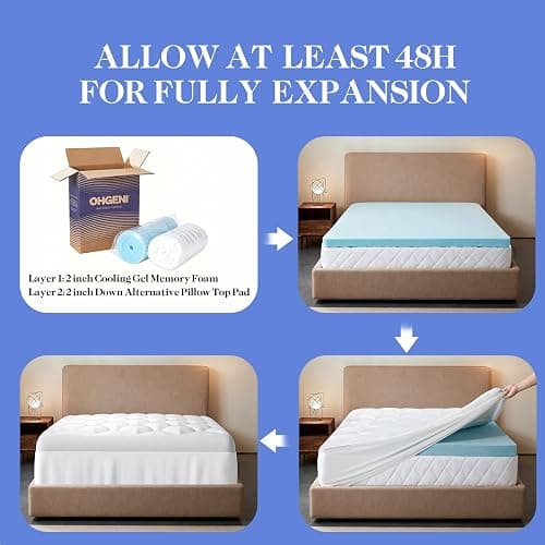 OhGeni Cooling 4 Inch Twin XL Dual Layer Mattress Topper, 2 Inch Gel Memory Foam,2 Inch Soft Pillow Top Pad, College Dorm Essentials Bedroom Mattresses Cover, Comfortable Sleep and Back Pain Relief thumbnail 11