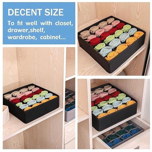 Socks Underwear Storage Box - 24 - Grid Foldable Drawer Organizer for Closet Space Saving, Black thumbnail 3