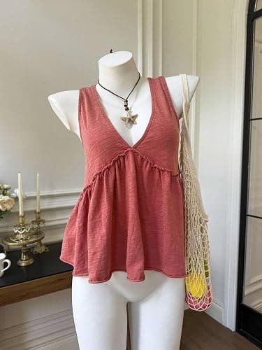 XZfushi Womens Spring Summer Short Sleeve Summer Clothes Spliced A-Line Washing Retro Casual Washed Tank Top Clothing thumbnail 2