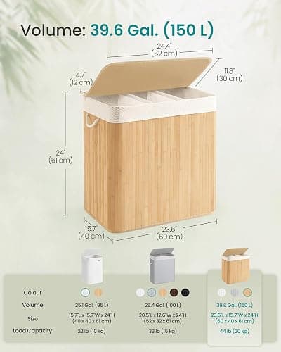 SONGMICS Laundry Basket with Lid, 150 L Bamboo, 3 Compartments | Laundry Hamper, Foldable, Removable and Machine Washable Liner Bag, for Laundry Room, Natural, RONEX Collection LCB091N01 thumbnail 3