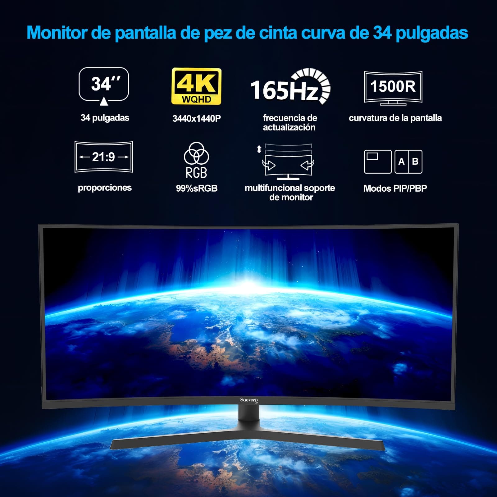 suevery 34" Pulgadas Monitor Gamer Curvo monitores para pc 1500R UWQHD(3440x1440) 165hz computadora Pantalla Gaming,Apoyo FreeSync HDR Base Ajustable Multidireccional thumbnail 2