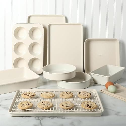 Martha Stewart Gallen 10 Piece Baking Pans Ceramic PFA Free Non Toxic Non Stick Bakeware Set - Linen White thumbnail 2