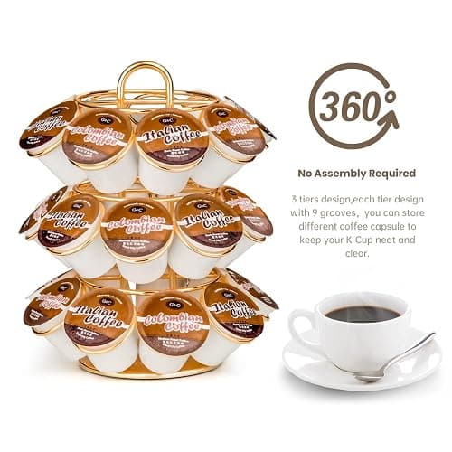 KREWEY Coffee Pod Holder, K Cup Holders Carousel Organizer ,27 Coffee Pods Storage Compatible with K Cups, Spins 360-Degrees, Modern Gold Design ，Round,Shining Gold,3 Tier Home or Office Kitchen Counter Organizer thumbnail 4