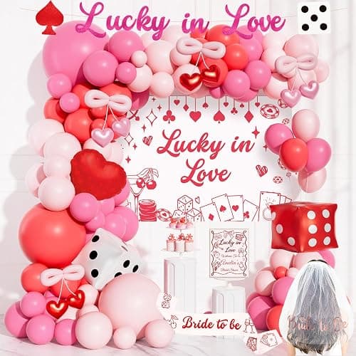 Hombae Lucky In Love Bachelorette Decorations, 117 PCs - Vegas Bachelorette Party Supplies with Cherry and Poker Backdrop, Balloon Garland, Bride to Be Veil, Sash, Dice Foil Balloons - Image 1