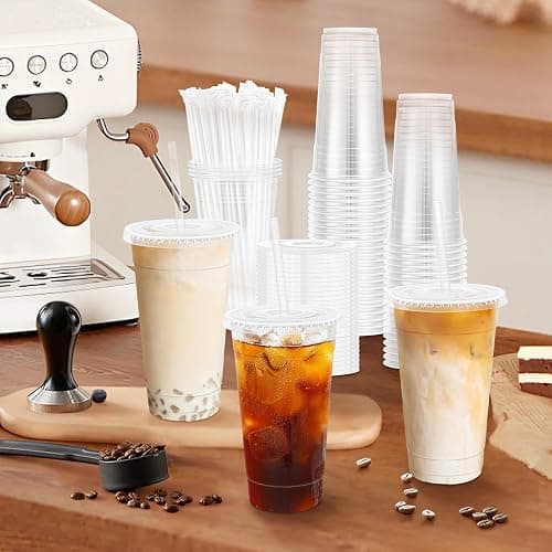 Lamosi 100 Pack 24 oz Clear Plastic Cups with Lids and Straws, Disposable Iced Coffee Cups with Lids for To-Go Cold Drinks, Smoothies and Slushie thumbnail 6