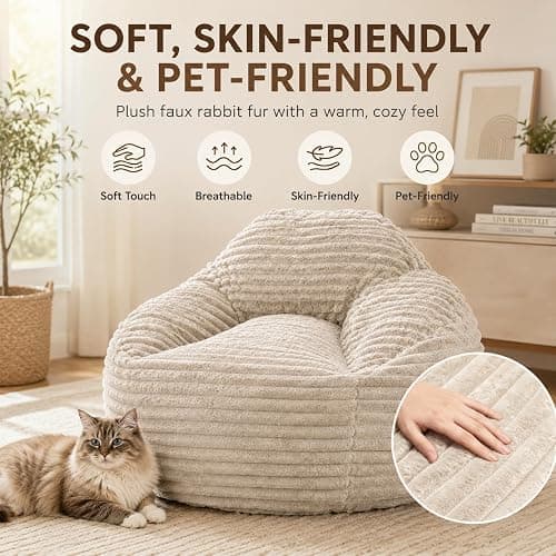 Simple Deluxe 3.25 ft Faux Fur Memory Foam Bean Bag Chair, Large Comfy Lazy Chair for Adult with Memory Foam Filled & Washable Cover, Perfect for Reading Gaming in Living Room Bedroom, Taupe thumbnail 4