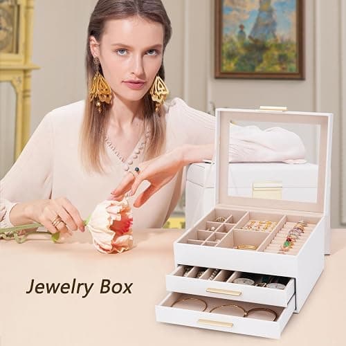 JBAOWEI 3-Layer Jewelry Box for Women, Jewelry Organizer with Glass Lid and Drawers, Jewelry Organizers and Storage for Necklaces, Rings, Earrings, Bracelets - White/Green/Black. thumbnail 7